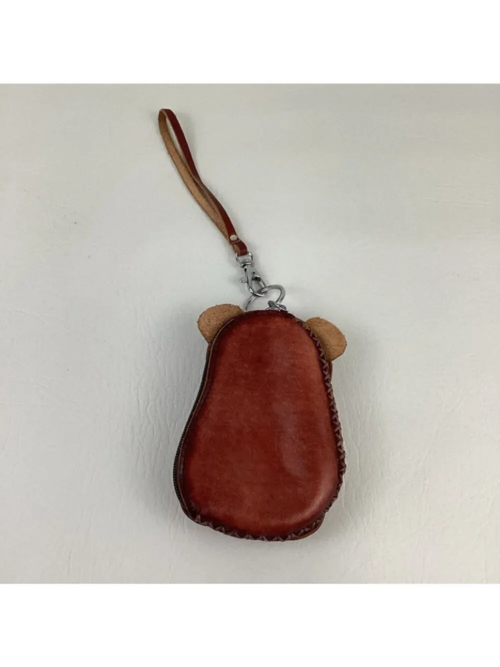 Hand Tooled Leather 3D Bear Coin Purse Wristlet Wallet Keychain Zip Around - Picture 7 of 10